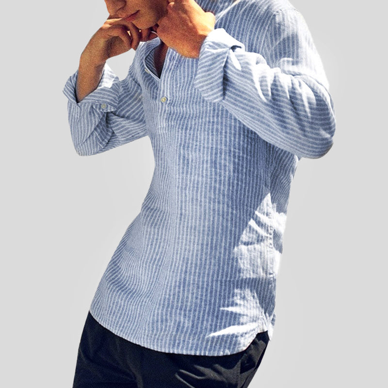 Men’s Henley Shirt – Relaxed Fit – Long Sleeve – Band Collar – Striped