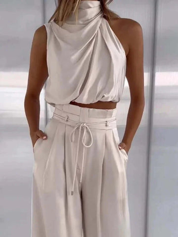 Women's Two-Piece Set - Halter Neck Cropped Top - High-Waisted Wide-Leg Pants