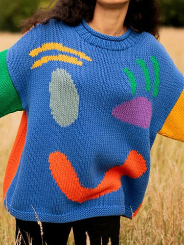 Women’s Knit Pullover – Oversized Fit – Abstract Graphic Design – Hip Length Casual
