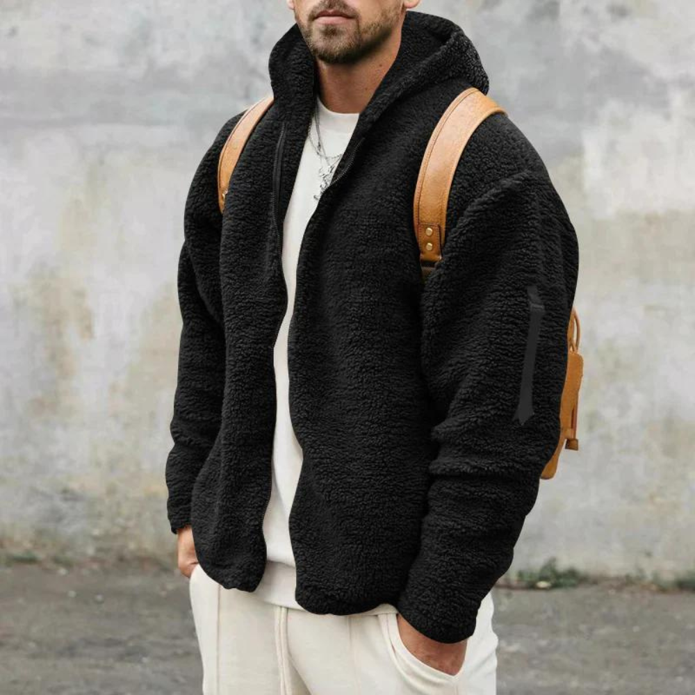 Men’s Zip-Up Hoodie – Sherpa Fleece – Relaxed Fit – Hooded with Arm Pocket