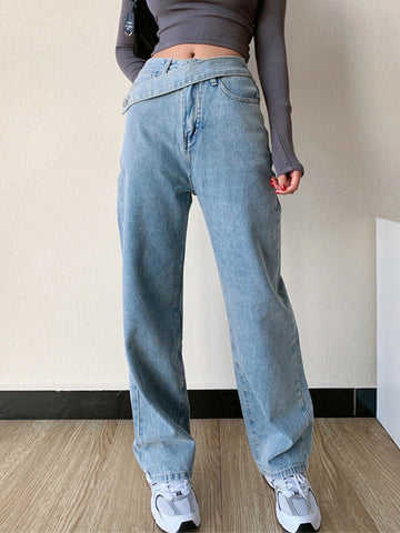 Women's High-Waisted Jeans - Slim Fit - Asymmetrical Crossover Waist - Stylish Denim