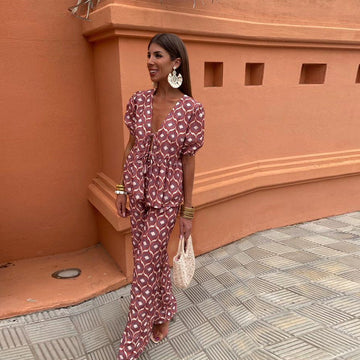 Women’s Two-Piece Set – Linen Blend – Puff Sleeve Tie-Front Top – Wide-Leg Trousers