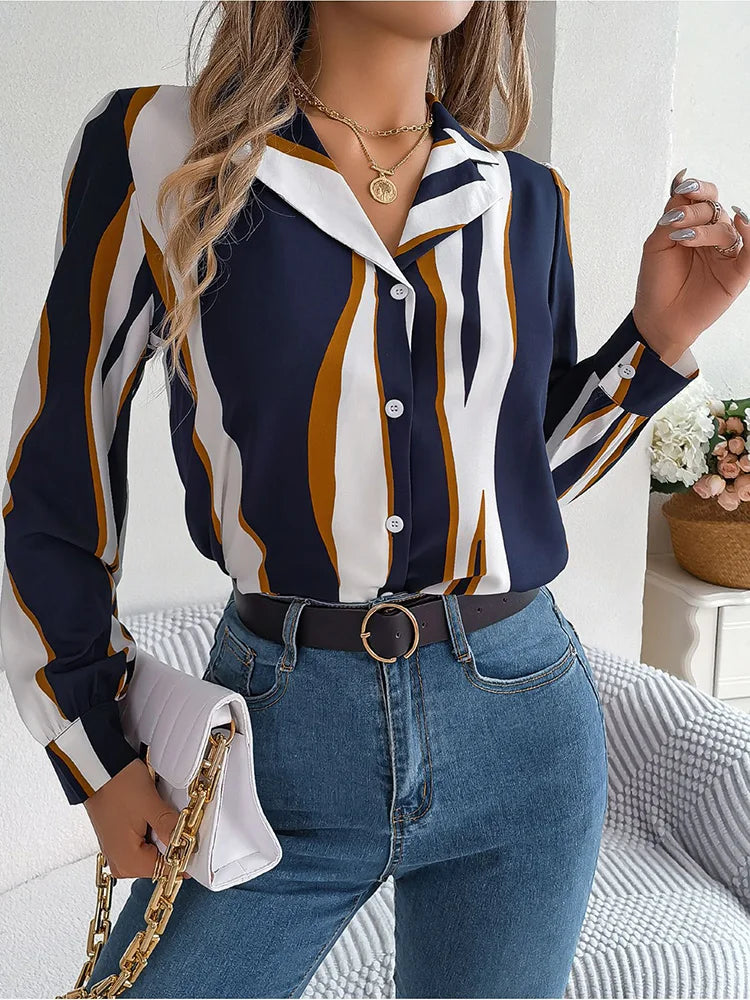 Women's Blouse - Wave Stripe Pattern - Button-Up Long Sleeve - Casual Fit