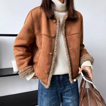 Women’s Jacket – Boxy Fit – Suede Look – Sherpa Lined – Metal Button Closure