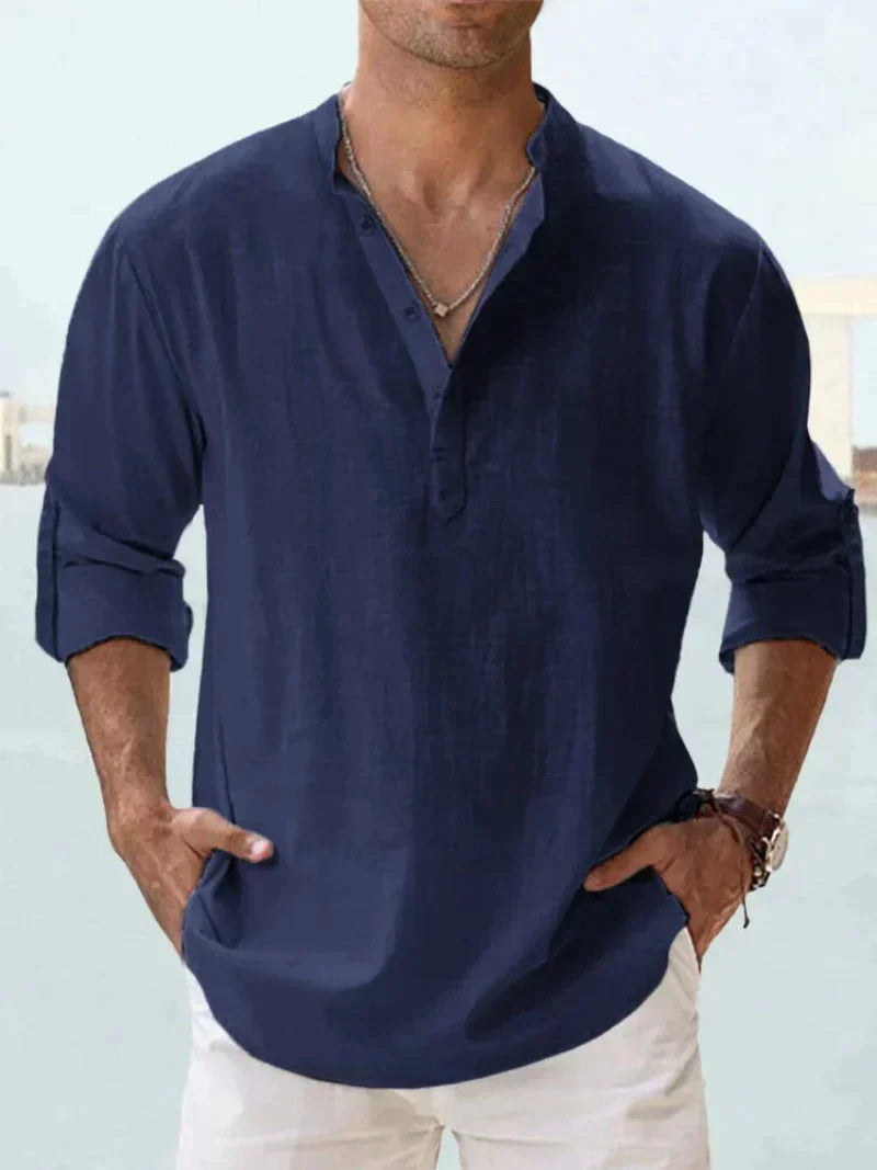 Men's Navy Linen Shirt - Breathable, Lightweight, Casual Beachwear