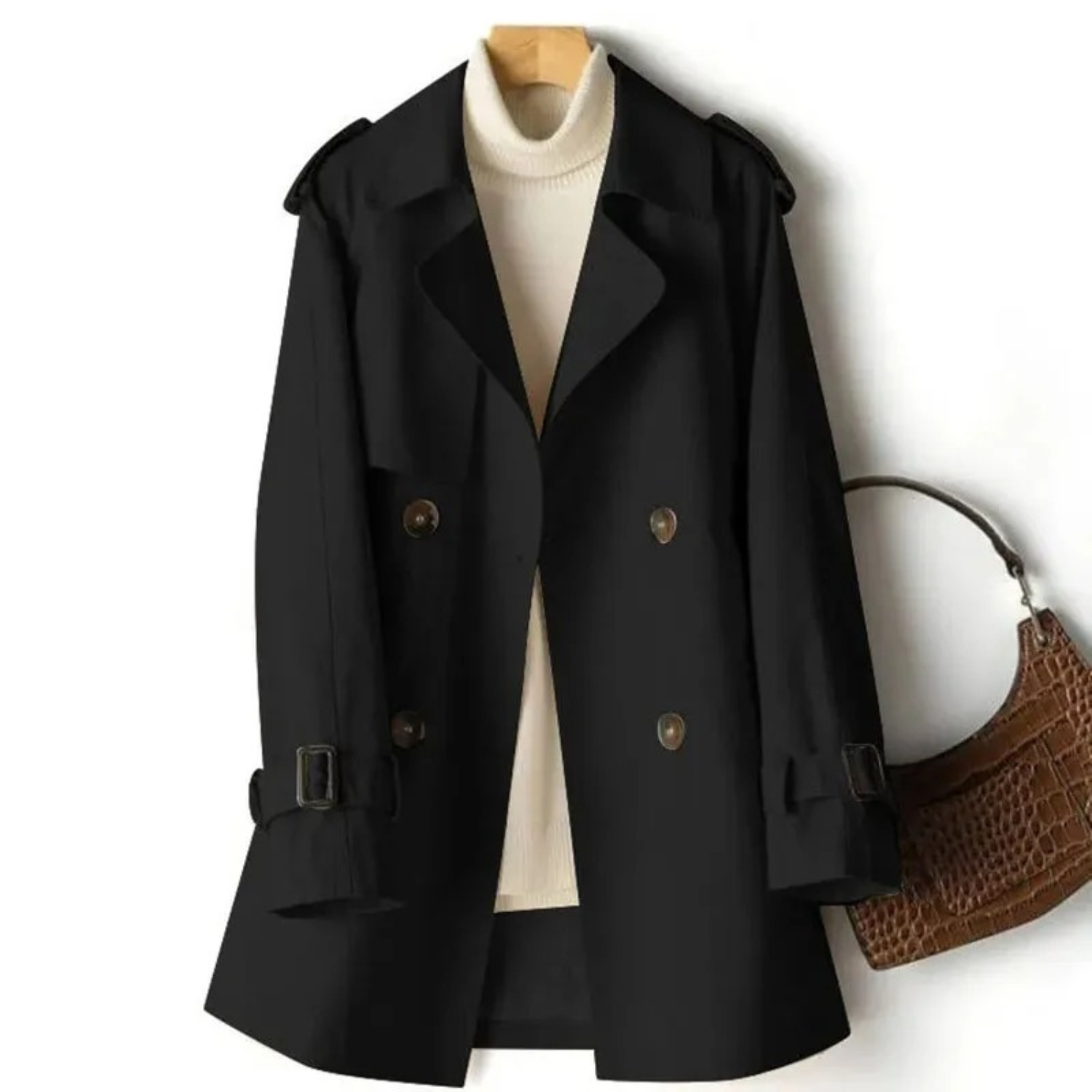 Women’s Trench Coat – Double Breasted – Classic Fit – Belted Cuffs – Wide Lapels