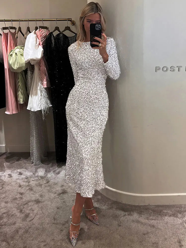 Women's Sequin Midi Dress - Fitted Silhouette - Long Sleeve Elegant Partywear