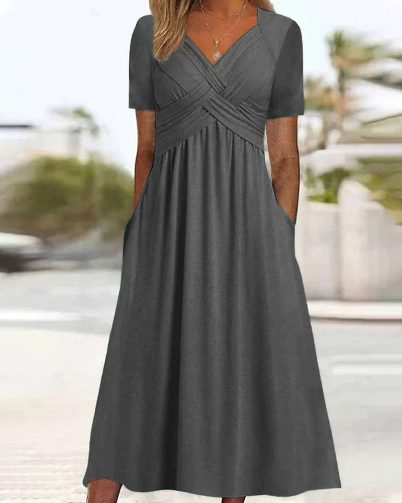 Women's V-Neck Dress – Short Sleeve – Relaxed Fit – Crisscross Detail – Midi Length