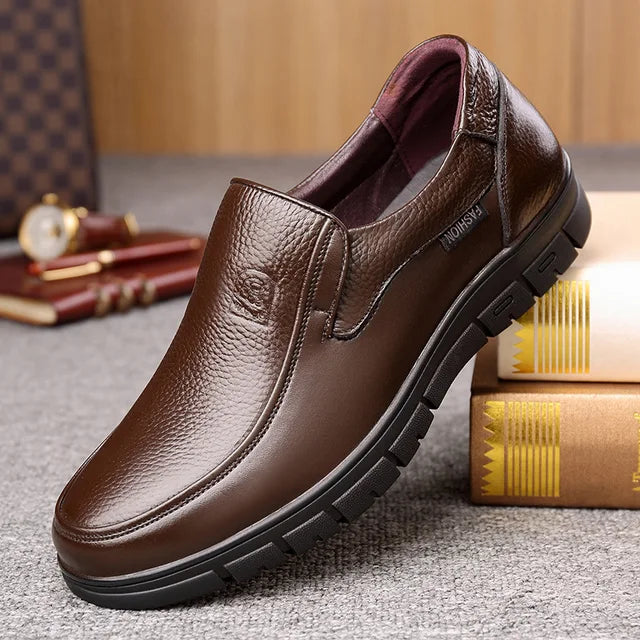 Men’s Slip-On Leather Shoes – Genuine Leather – Rounded Toe – Rubber Sole Casual Comfort