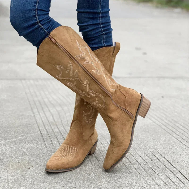 Women’s Cowboy Boots – Suede Finish – Embroidered Mid Calf – Low Heel – Side Zip