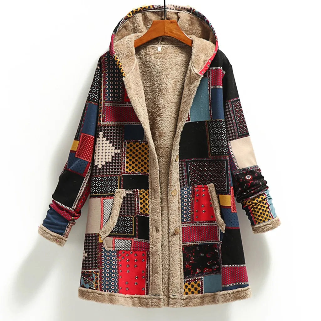 Women’s Jacket – Oversized Fit – Shearling Lined – Patchwork Design – Hooded Casual Wear