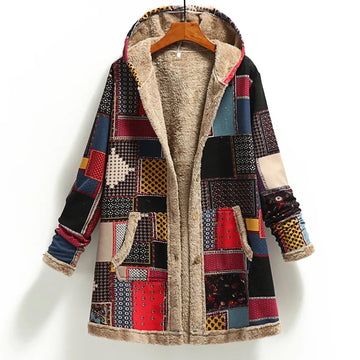 Women’s Jacket – Oversized Fit – Shearling Lined – Patchwork Design – Hooded Casual Wear