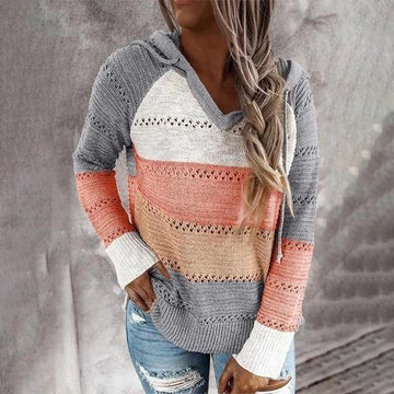 Women’s Pullover Top – Relaxed Fit – V-Neck – Textured Knit – Hooded Casual Style