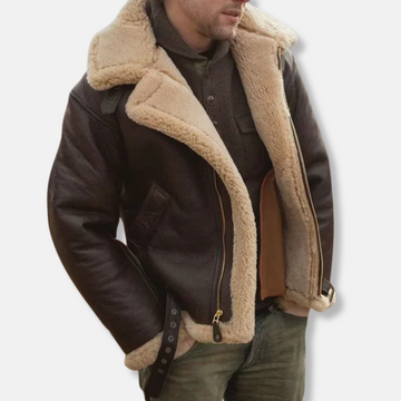 Men’s Aviator Jacket – Shearling Collar and Cuffs – Faux Leather – Full-Zip – Adjustable Straps