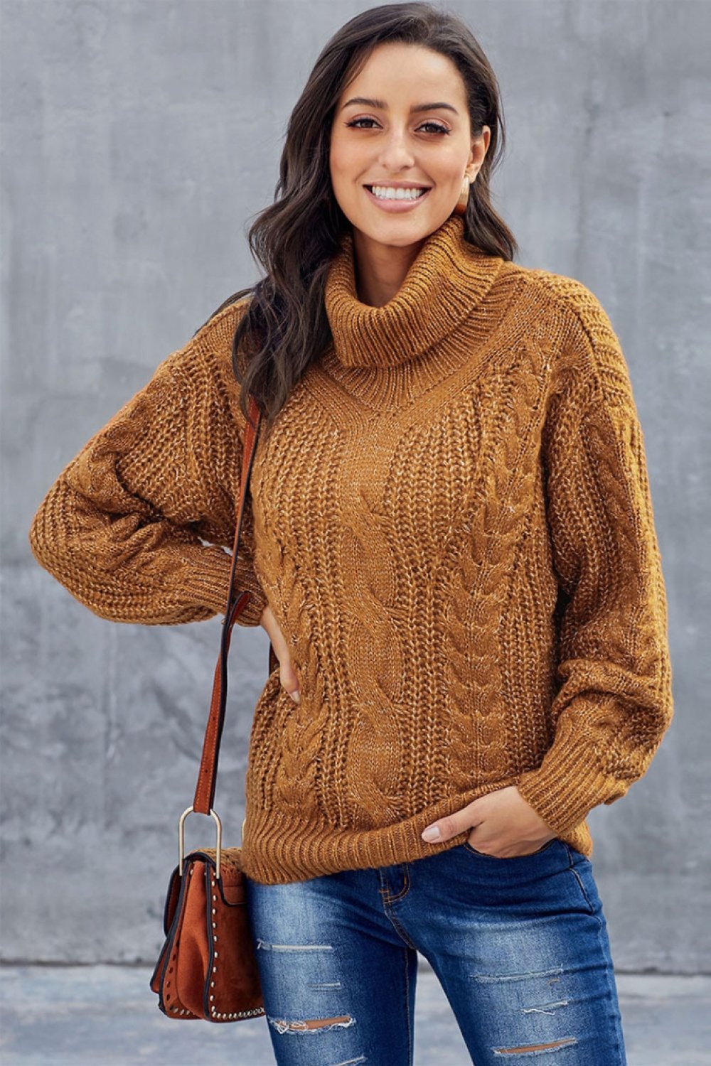 Women’s Pullover Sweatshirt – Oversized Relaxed Fit – Chunky Wool Knit – Ribbed Turtleneck