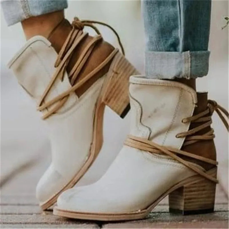 Women’s Western Boots – Leather – Mid Calf – Distressed Finish – Block Heel – Vintage Style