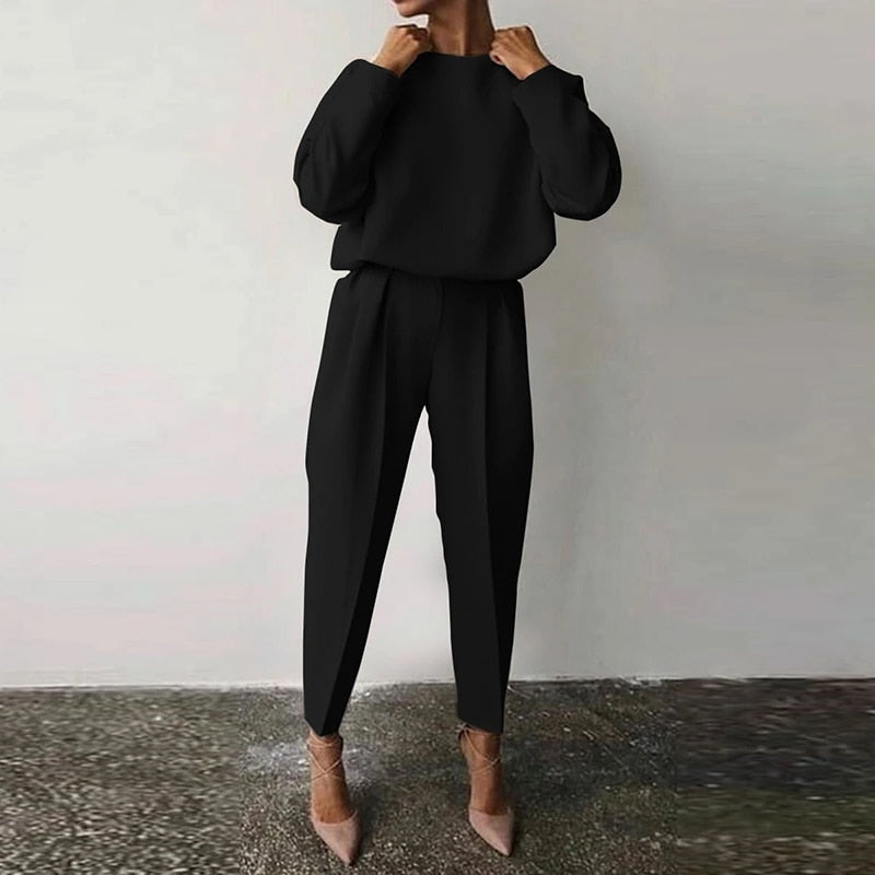 Women’s Two-Piece Suit Set – Relaxed Fit Top with Balloon Sleeves – Tapered High-Waist Pants