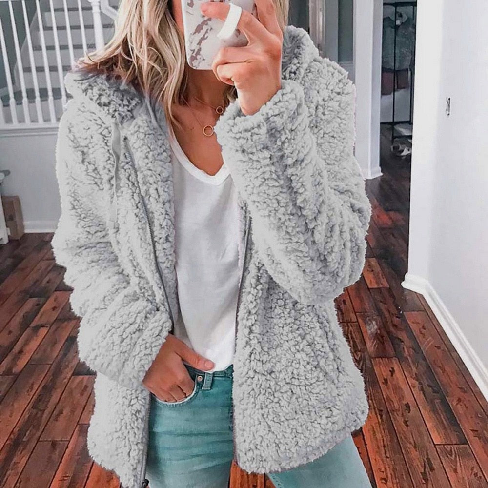 Cozy warm fleece teddy hoodie jacket for women