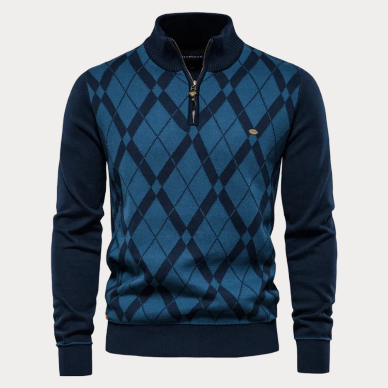 Men’s Sweater – Cotton Knit – Regular Fit – Argyle Pattern – Zippered Mock Neck