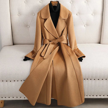 Women's Wool Trench Coat - Fitted Silhouette - Belted Waist - Notched Lapel Collar