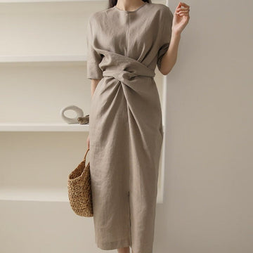 Women's Midi Dress - Linen Blend - Short Sleeve - Asymmetrical Waist Drape - Relaxed Fit