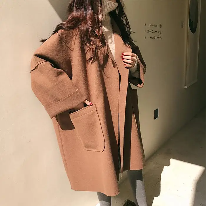 Women’s Oversized Coat – Wool Blend – Open Front – Relaxed Fit – Knee Length – Patch Pockets