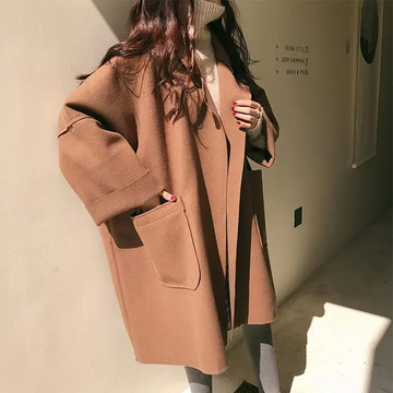 Women’s Oversized Coat – Wool Blend – Open Front – Relaxed Fit – Knee Length – Patch Pockets