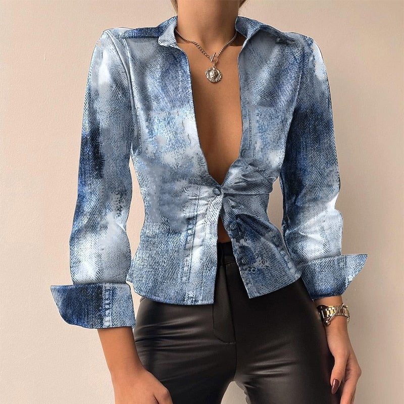 Women's V-Neck Blouse - Fitted PU Leather - Button Front Long Sleeve Tailored Fit