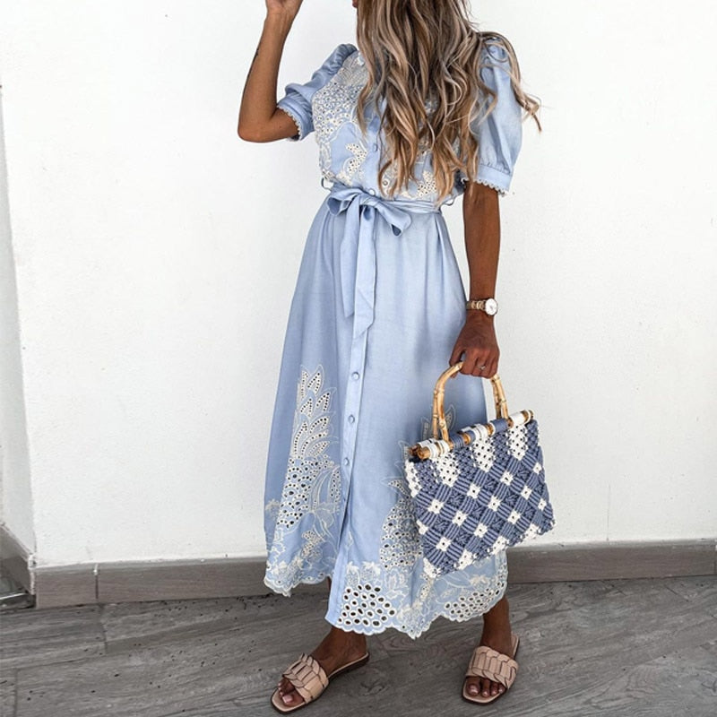 Women’s Midi Dress – Tailored Fit – Puff Sleeves – Embroidered Detail – Button Front