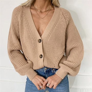 Women’s Cardigan – Knitted Relaxed Fit – Deep V-Neck – Ribbed Cuffs – Cropped Style