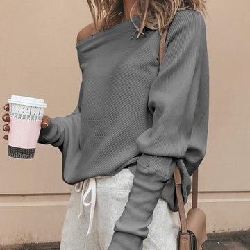 Women’s Off-Shoulder Pullover – Ribbed Knit – Relaxed Fit – Long Sleeve Casual Wear