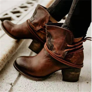 Women’s Western Boots – Leather – Mid Calf – Distressed Finish – Block Heel – Vintage Style