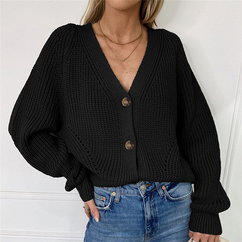 Ribbed cuffs knitted deep v-neck cardigan for women