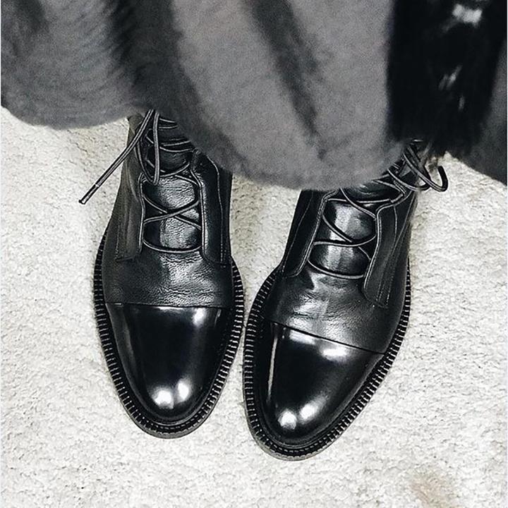 Women’s Ankle Boots – Polished Leather – Lace-Up – Block Heel – Vintage Style