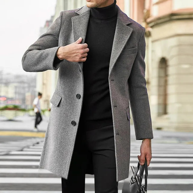 Men's Overcoat - Wool Blend - Slim Fit - Mid-Length Button-Up Classic Style
