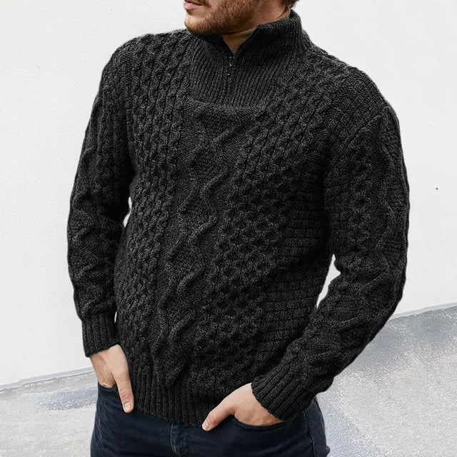 Men’s Pullover Sweater – Wool Blend – Regular Fit – Half-Zip Cable Knit – Ribbed Hem