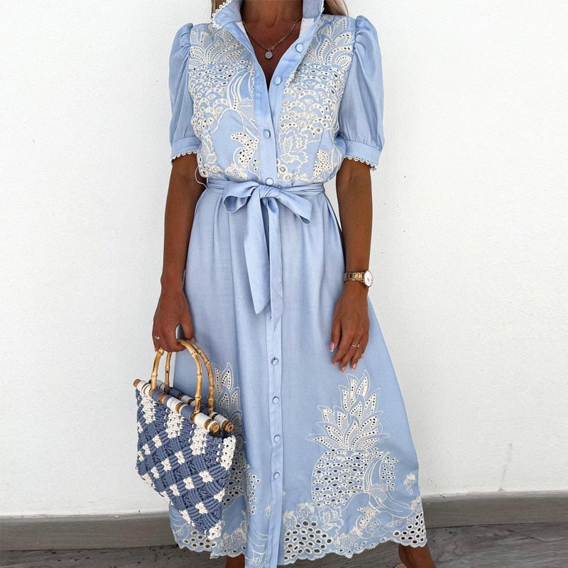 Women’s Midi Dress – Tailored Fit – Puff Sleeves – Embroidered Detail – Button Front