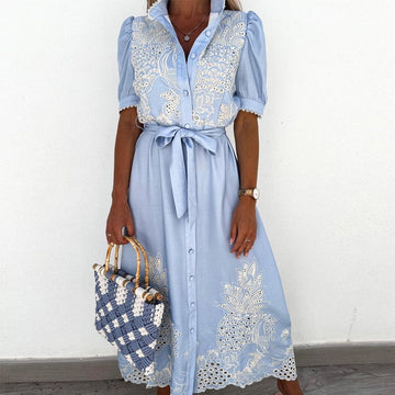 Women’s Midi Dress – Tailored Fit – Puff Sleeves – Embroidered Detail – Button Front