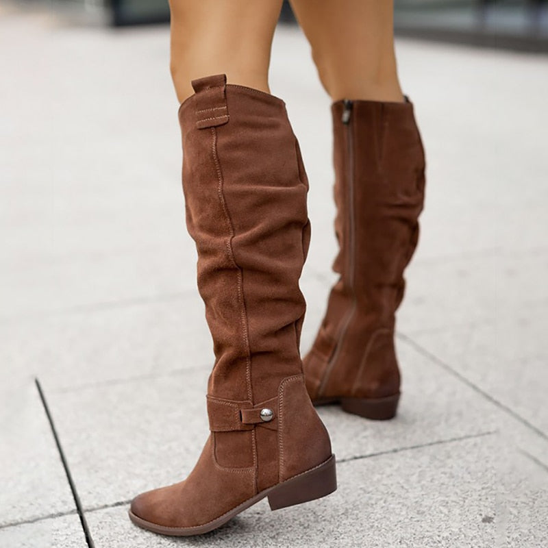 Suede knee-high leather boots for women