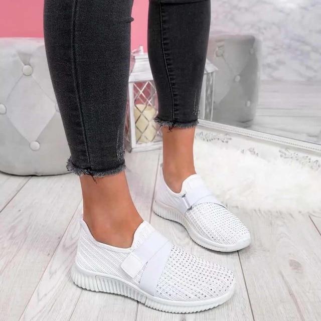 Women’s Slip-On Sneakers – Breathable Knit – Velcro Strap – Ribbed Sole Casual Trainer