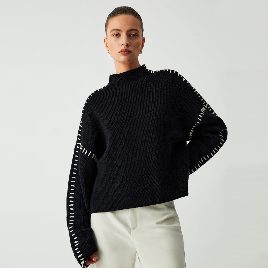 Women’s Oversized Sweater – High Neck – Chunky Knit – Whipstitch Detail – Relaxed Fit