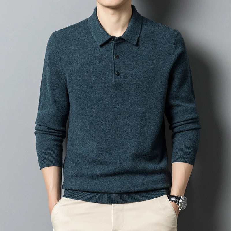Men’s Polo Sweater – Wool Blend – Regular Fit – Ribbed Cuffs – Long Sleeve Pullover