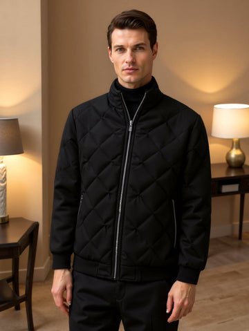Men’s Quilted Bomber Jacket – Regular Fit – Stand-up Collar – Ribbed Hem and Cuffs