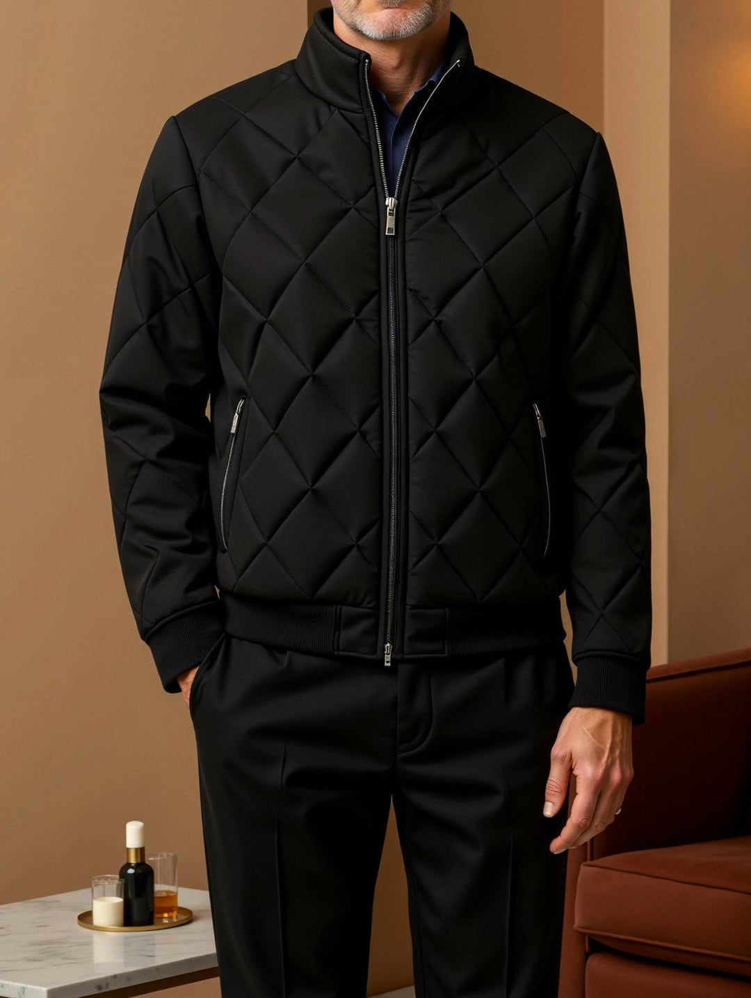 Men’s Quilted Bomber Jacket – Regular Fit – Stand-up Collar – Ribbed Hem and Cuffs