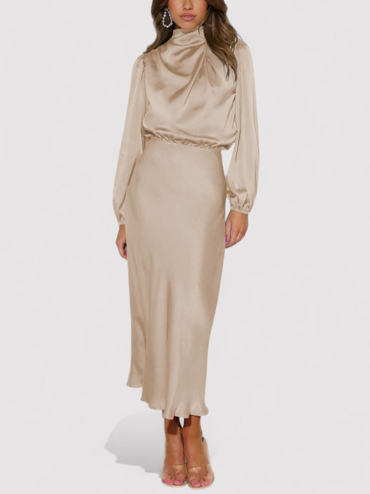 Satin drape long-sleeved dress for women