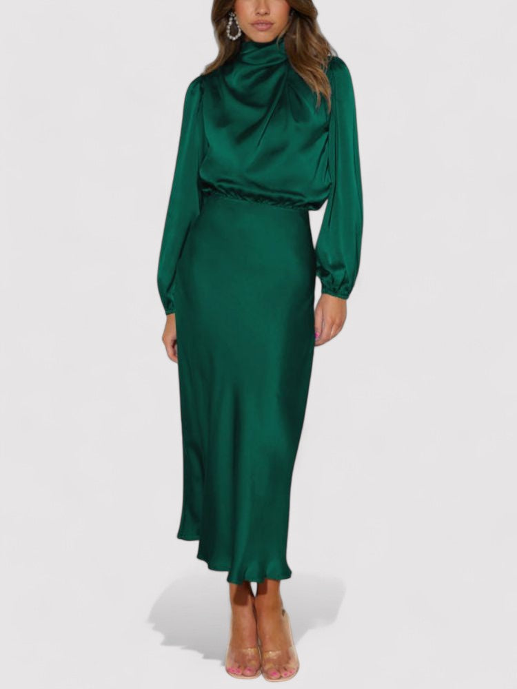 Women's Long Dress - Silky Draped Fabric - High Neck - Bishop Sleeves - Elegant Formal Wear