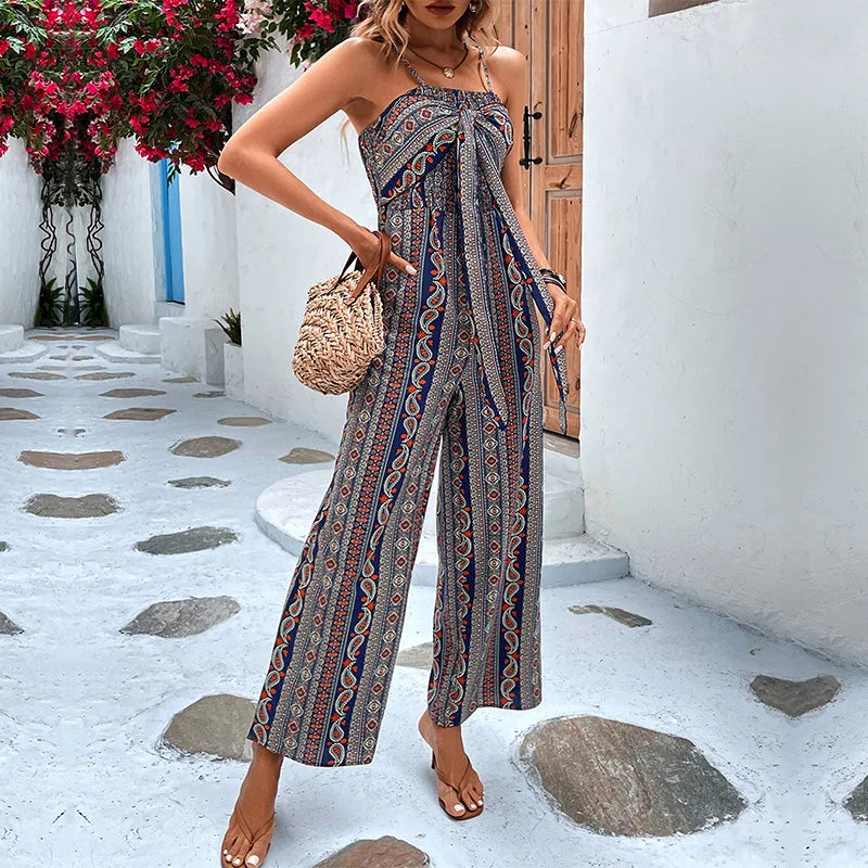 Manon – Bohemian Print Jumpsuit with Lace-Up Neckline