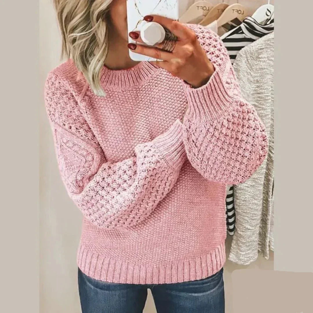 Women’s Chunky Knitted Sweater – Oversized Fit – Balloon Sleeves – Crew Neck