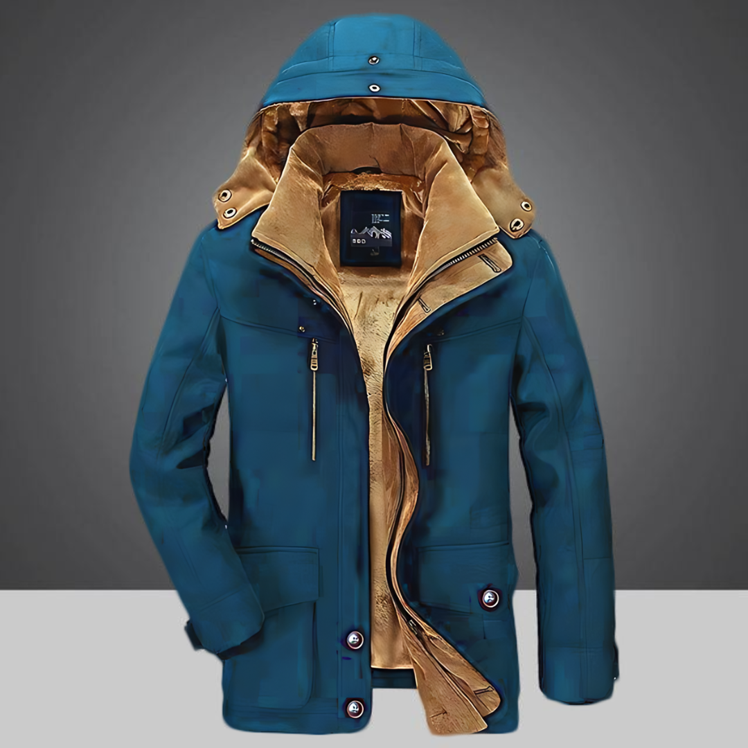 Insulated jacket with detachable hood for men