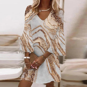 Women's Mini Dress - V-Neck - Flared Three-Quarter Sleeves - Lightweight Elegant Fit